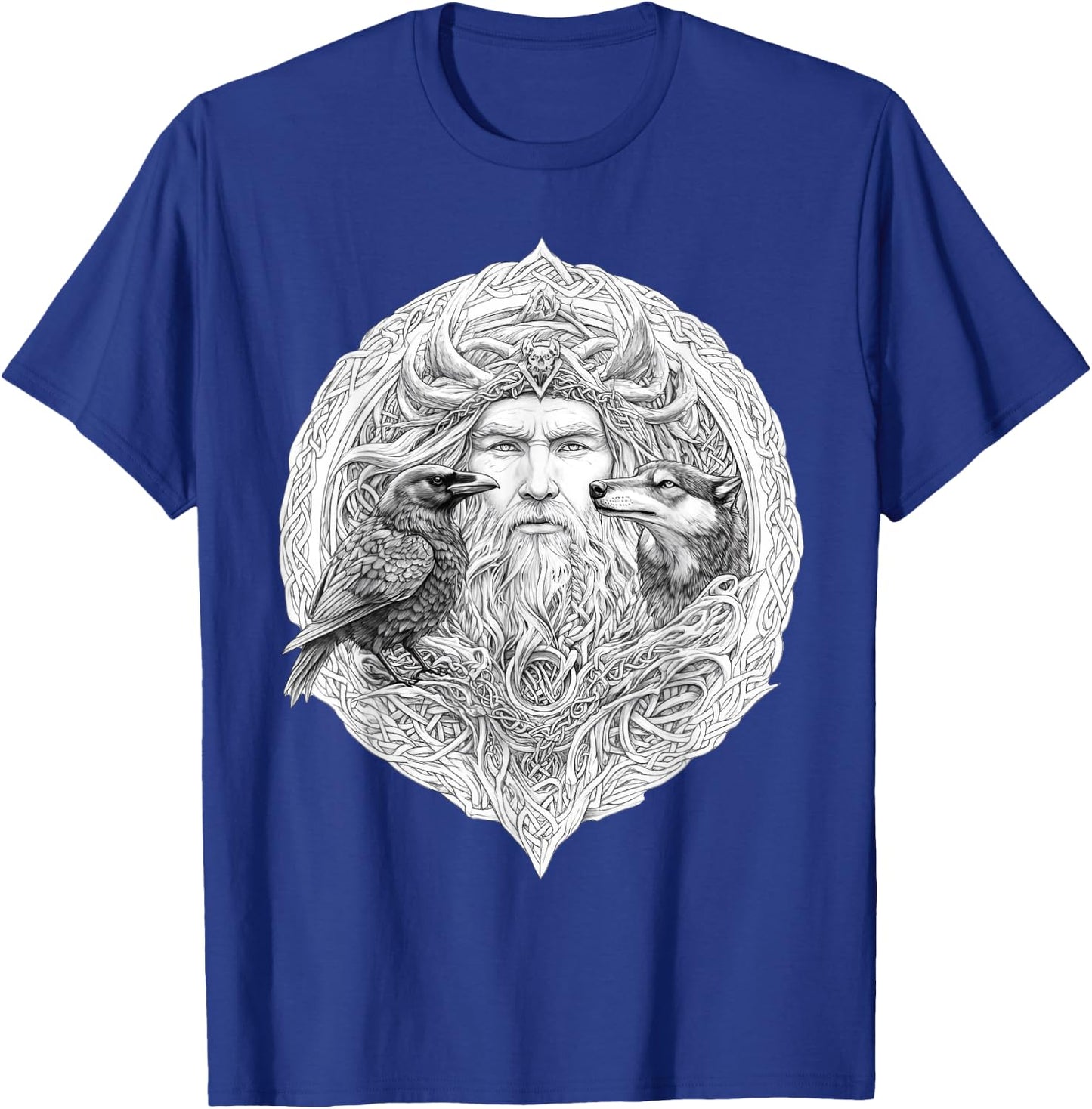 Odin Celtic Viking with Wolf and Odins Raven Valhalla Pagan T-Shirt - T-Shirt | Royal