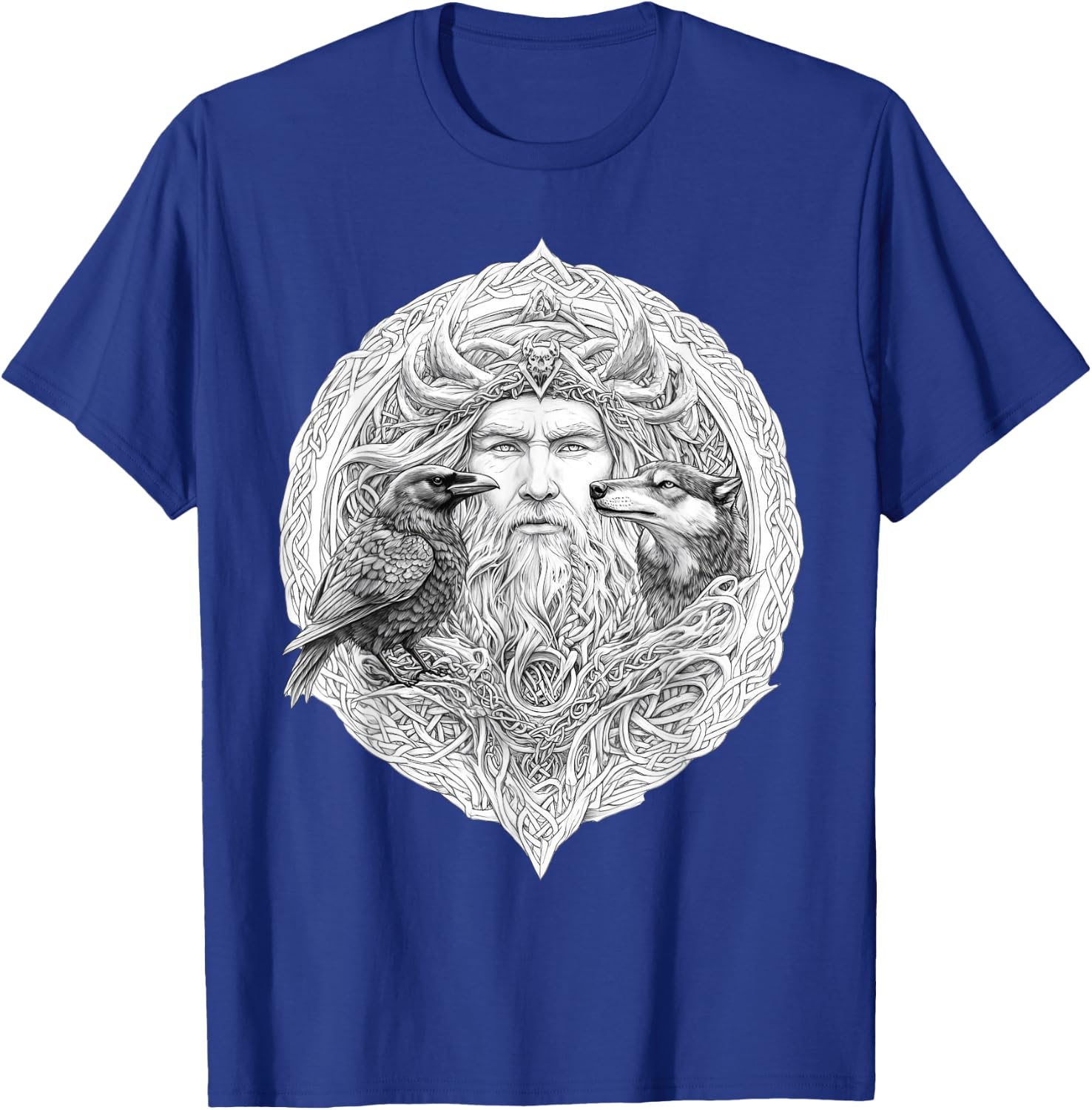 Odin Celtic Viking with Wolf and Odins Raven Valhalla Pagan T-Shirt - T-Shirt | Royal
