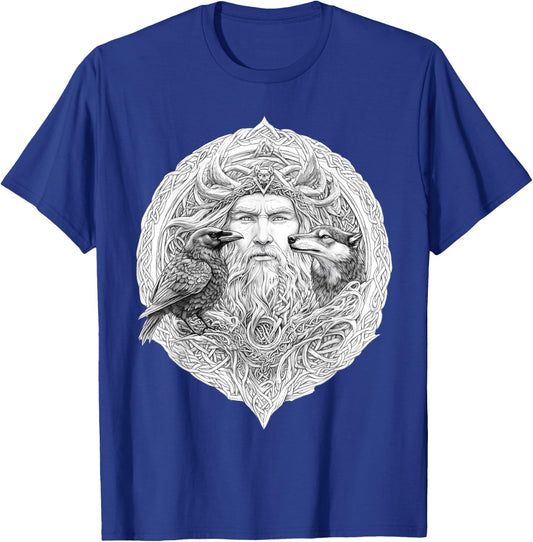 Odin Celtic Viking with Wolf and Odins Raven Valhalla Pagan T-Shirt - T-Shirt | Royal