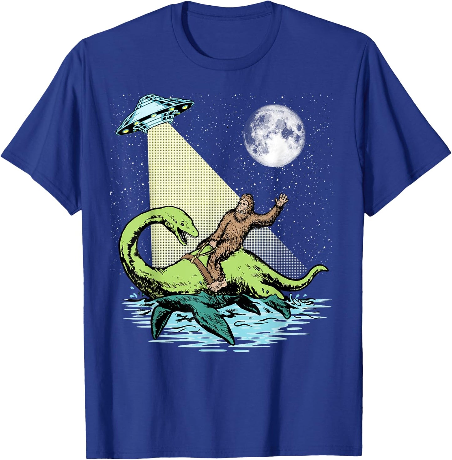 Bigfoot Riding Nessie & UFO Aliens At Night Funny Retro T-Shirt - T-Shirt | Royal
