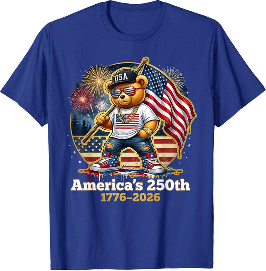 Patriotic Teddy Bear America's 250th Anniversary 1776 2026 T-Shirt - T-Shirt | Royal