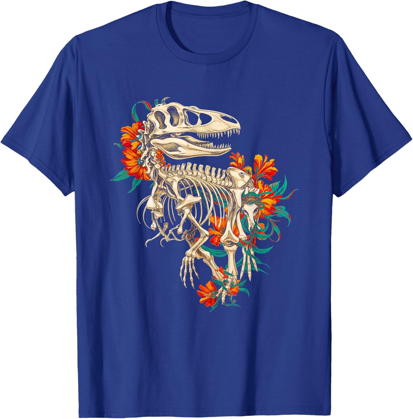 Rex Skeleton Dinosaur Floral Bones Paleontology Art T-Shirt - T-Shirt | Royal