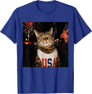 Patriotic Smoking Cat USA 4th of July Funny Cat Lover T-Shirt - T-Shirt | Royal
