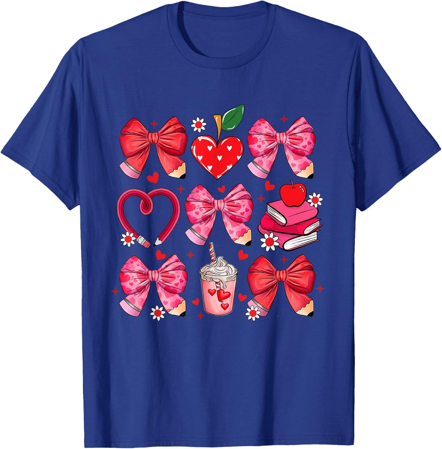 Bow Pencil Heart Apple Teacher Student Cute Back to School T-Shirt - T-Shirt | Royal