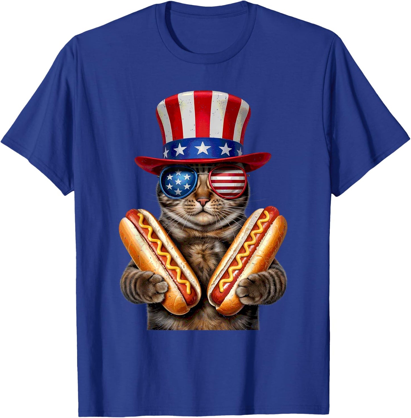 Cat Eating Hotdog 4th Of July American Flag Kitten Lover T-Shirt - T-Shirt | Royal
