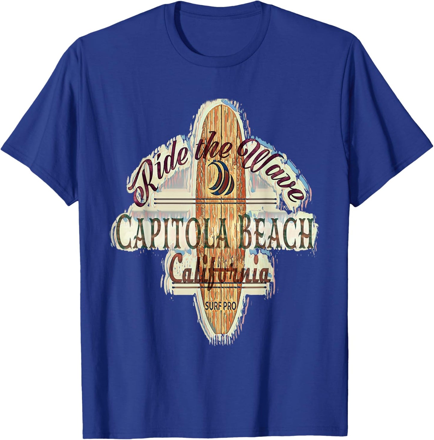 Surfing, Surfboard, Distressed Longboard Capitola Beach T-Shirt - T-Shirt | Royal