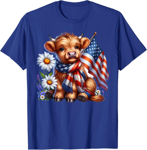Cute Highland Cow Florals 4th of July USA Flag Patriotic Cow T-Shirt - T-Shirt | Royal