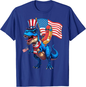 Hotdog Riding Dinosaur TRex 4th of July USA Flag T-Shirt - T-Shirt | Royal
