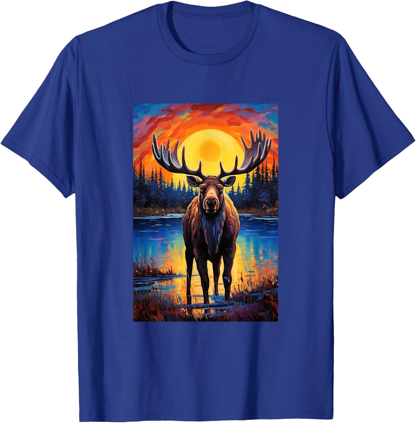 Moose Van Gogh Style Starry Night Graphic T-Shirt - T-Shirt | Royal