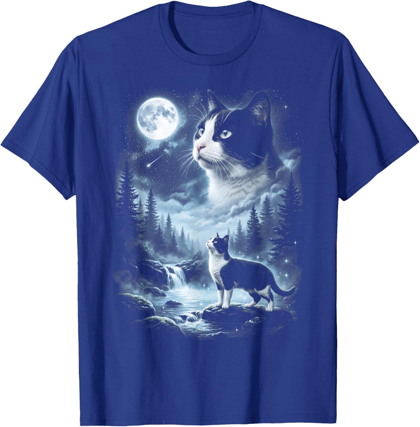 Tuxedo Cat Howling at Moon 90's Retro T-Shirt - T-Shirt | Royal