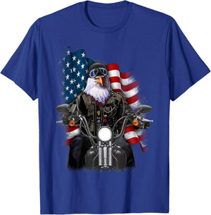America Bald Eagle as Biker Riding Motorcycle T-Shirt - T-Shirt | Royal