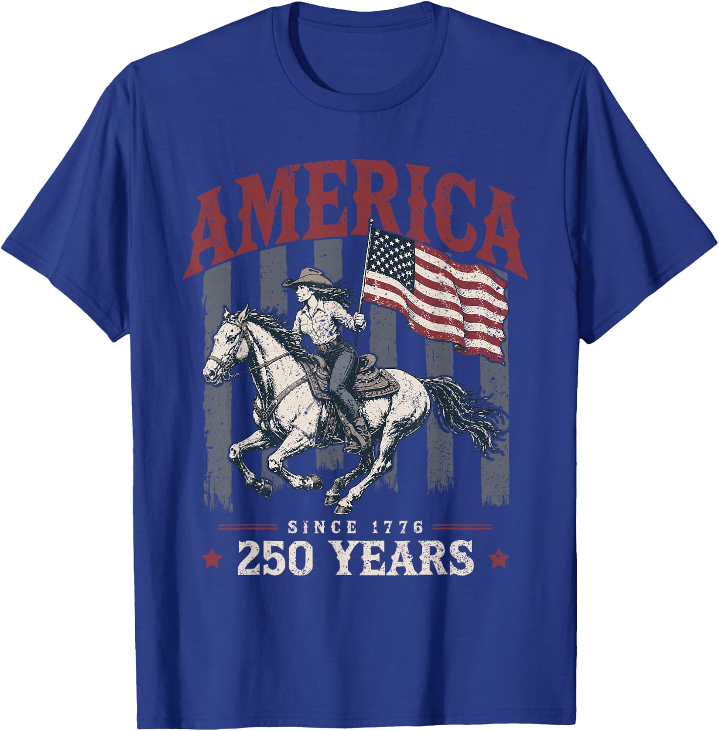 America 250 Years Cowgirl Riding Horse US Flag 1776 T-Shirt - T-Shirt | Royal