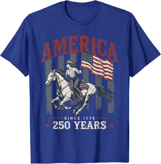America 250 Years Cowgirl Riding Horse US Flag 1776 T-Shirt - T-Shirt | Royal