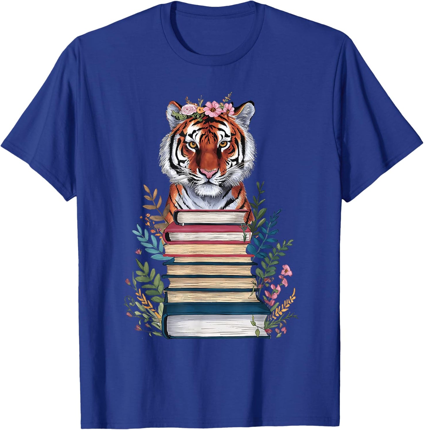 Cute Tiger With Book Floral Bookworm Librarian Book Lover T-Shirt - T-Shirt | Royal