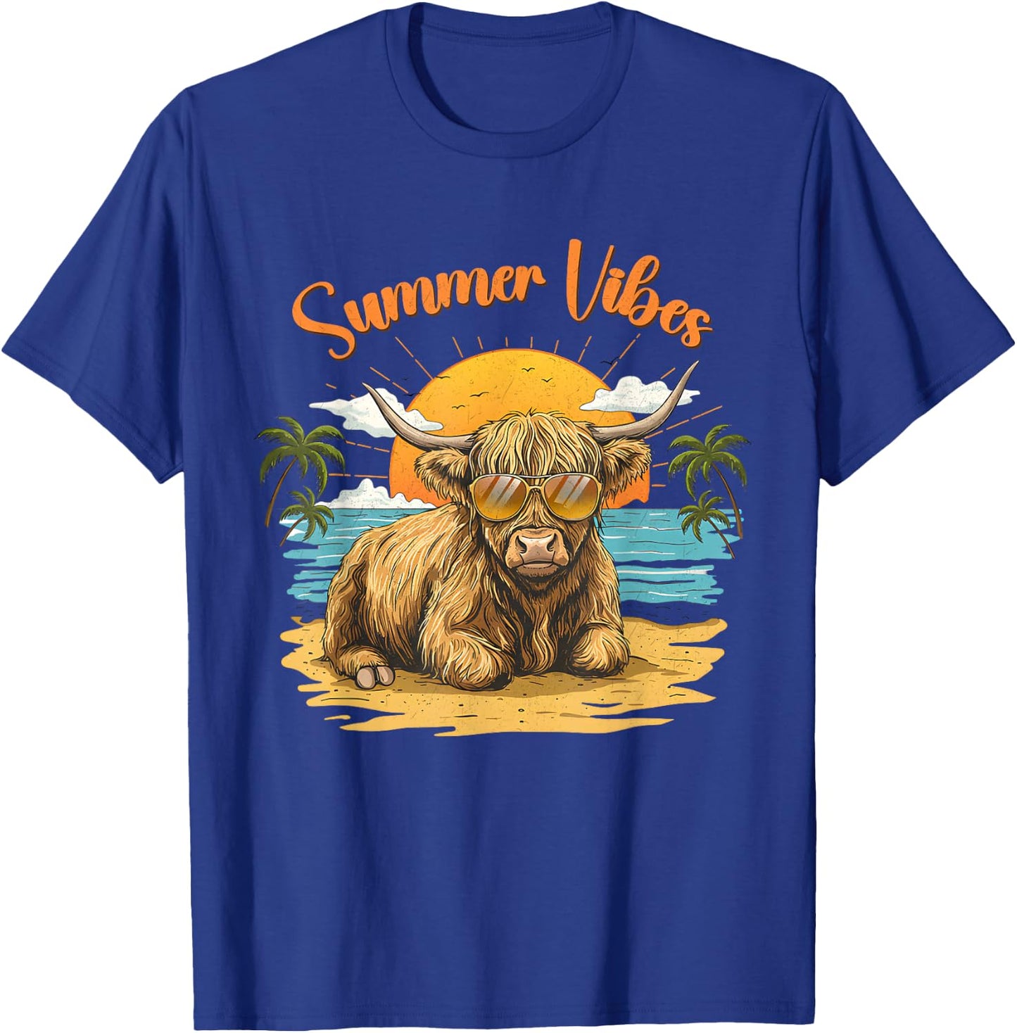 Funny Highland Cow Summer Vibes Beach Sunglasses T-Shirt - T-Shirt | Royal