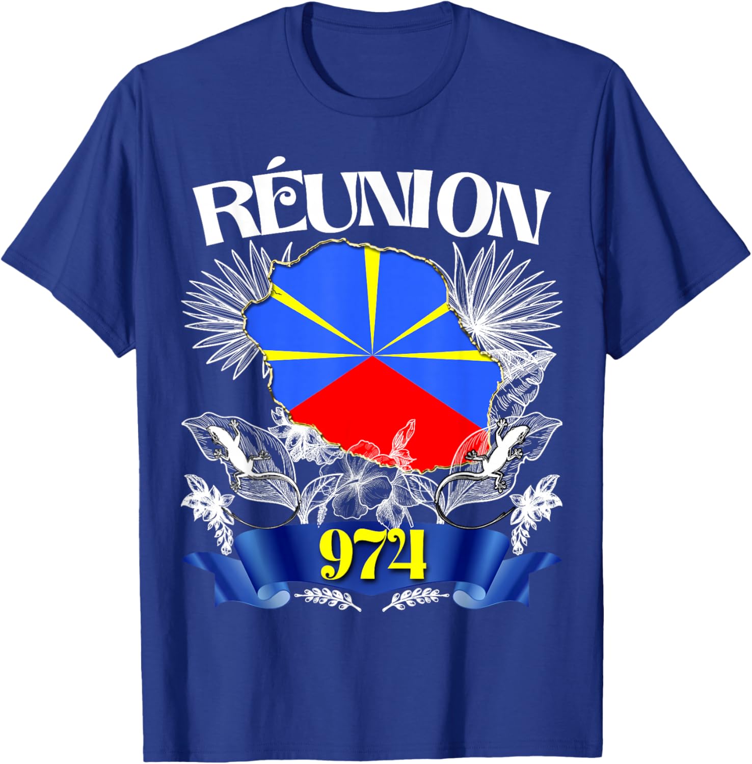 Flag Reunion 974 Le La Margouillat Tropical Flowers T-Shirt - T-Shirt | Royal