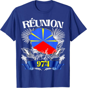 Flag Reunion 974 Le La Margouillat Tropical Flowers T-Shirt - T-Shirt | Royal