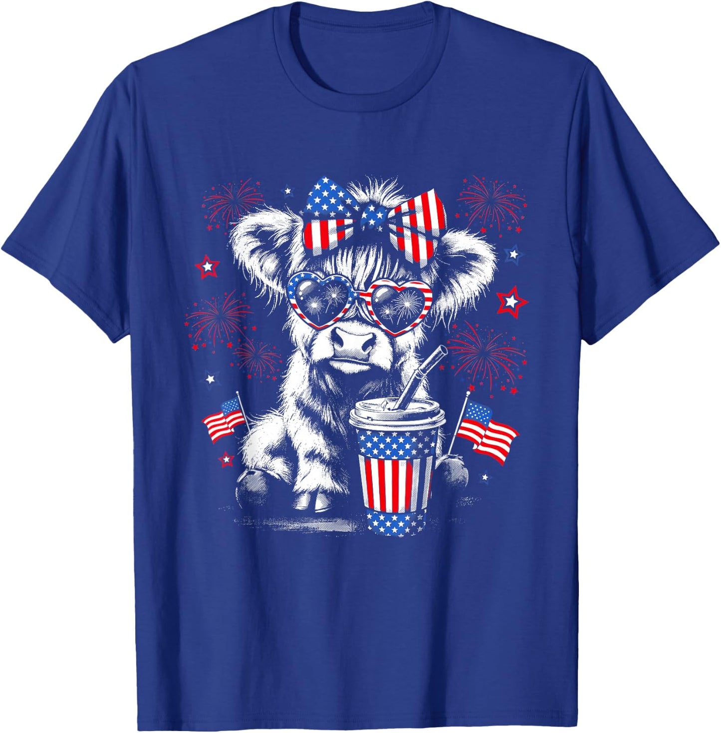 Patriotic Bow Sunglasses Highland Cow Fireworks USA Flag T-Shirt - T-Shirt | Royal