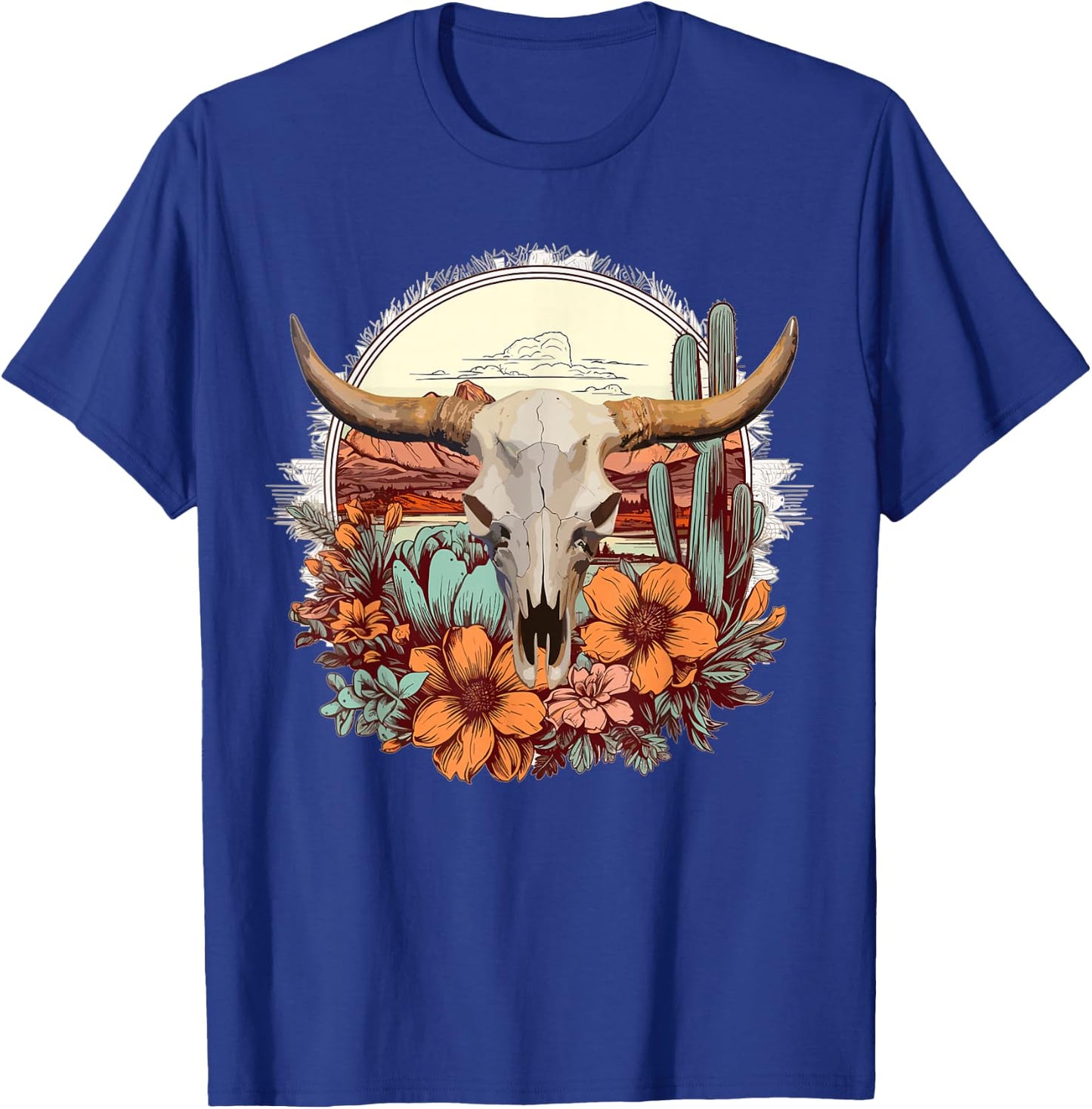 Cow Skull Vintage Boho Cowgirl Cactus Flowers Western Rodeo T-Shirt - T-Shirt | Royal