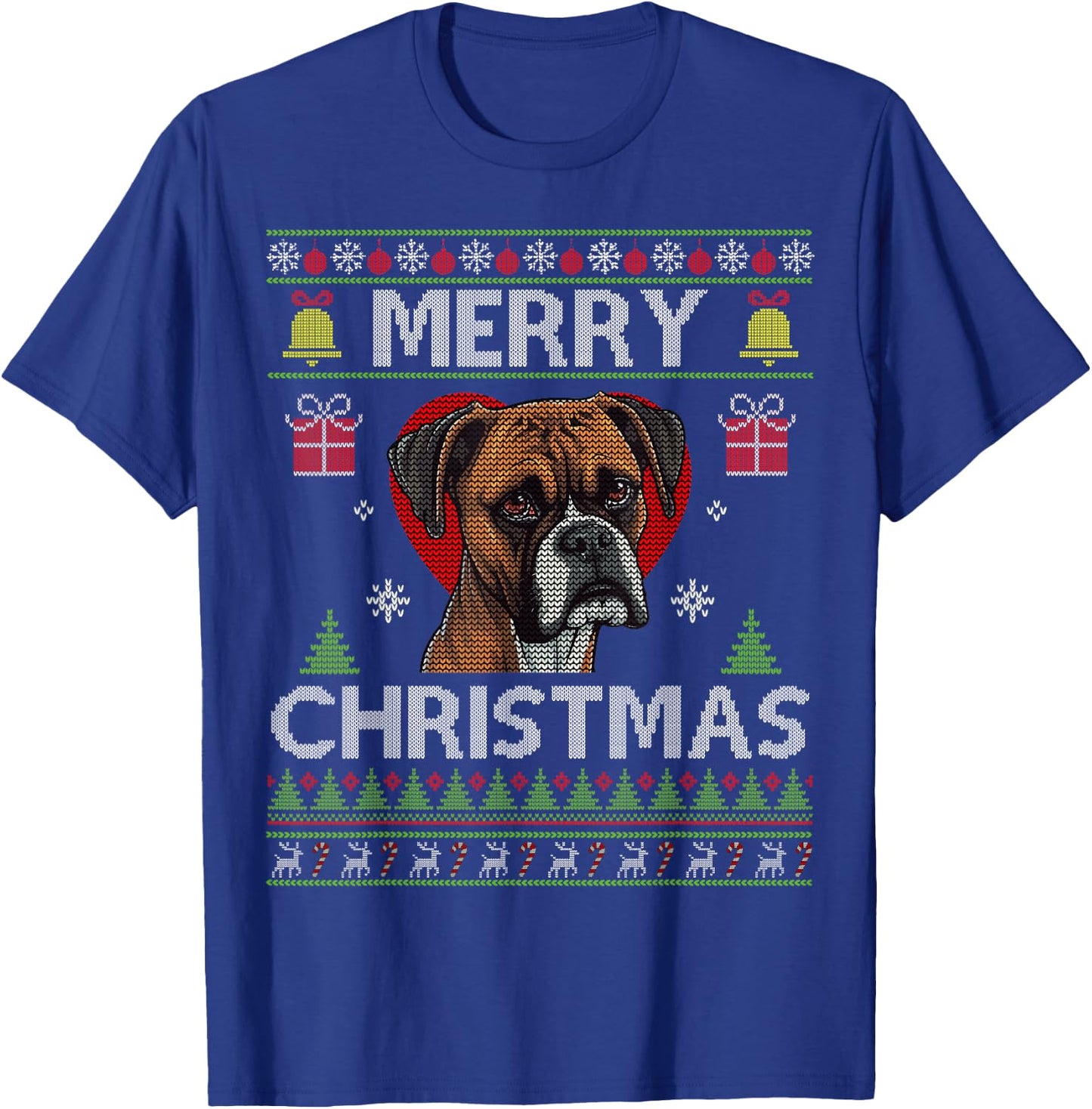 Merry Christmas Boxer Dog Ugly Sweater Funny T-Shirt - T-Shirt | Royal