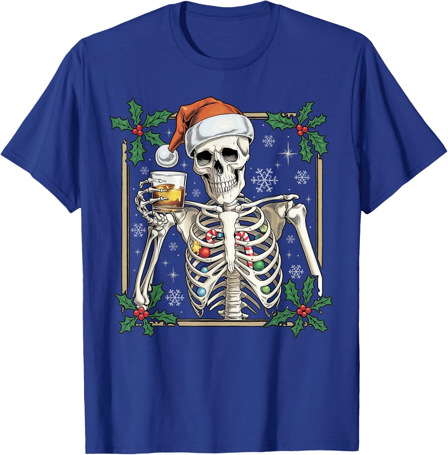 Funny Skeleton Santa Hat Drinking Bourbon Whiskey Christmas T-Shirt - T-Shirt | Royal