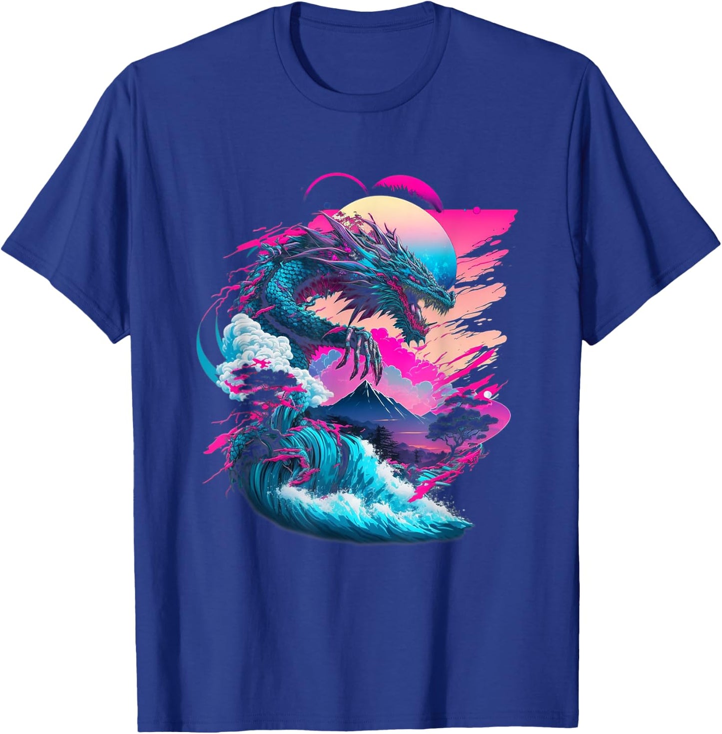 Dragon Vaporwave Abstract Landscape Moon Tree Waterfall T-Shirt - T-Shirt | Royal