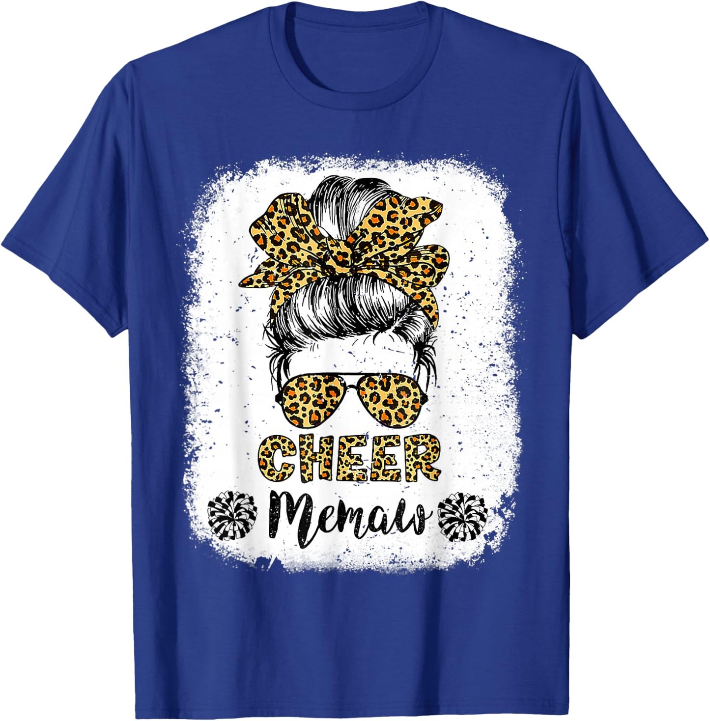 Cheer Memaw Leopard Messy Bun Cheerleader Bleached T-Shirt - T-Shirt | Royal