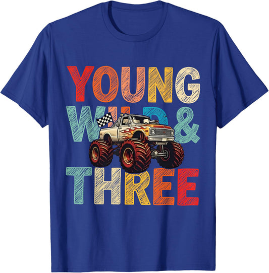 3rd Birthday Monster Truck Young Wild and Three 3 Year Old T-Shirt - T-Shirt | Royal