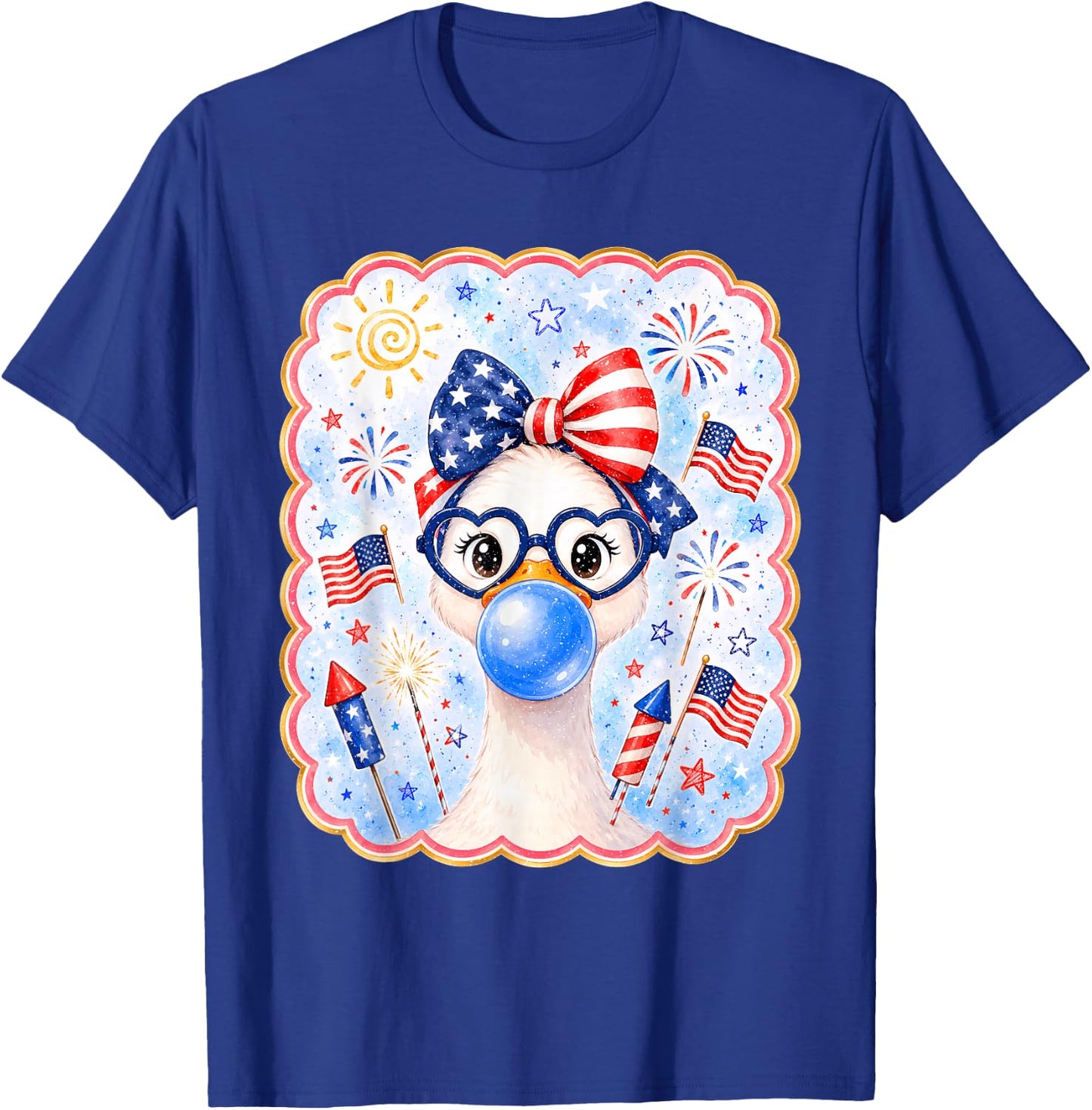 Cute Goose Bubble Gum Bow USA America Flag 4th of July Girl T-Shirt - T-Shirt | Royal