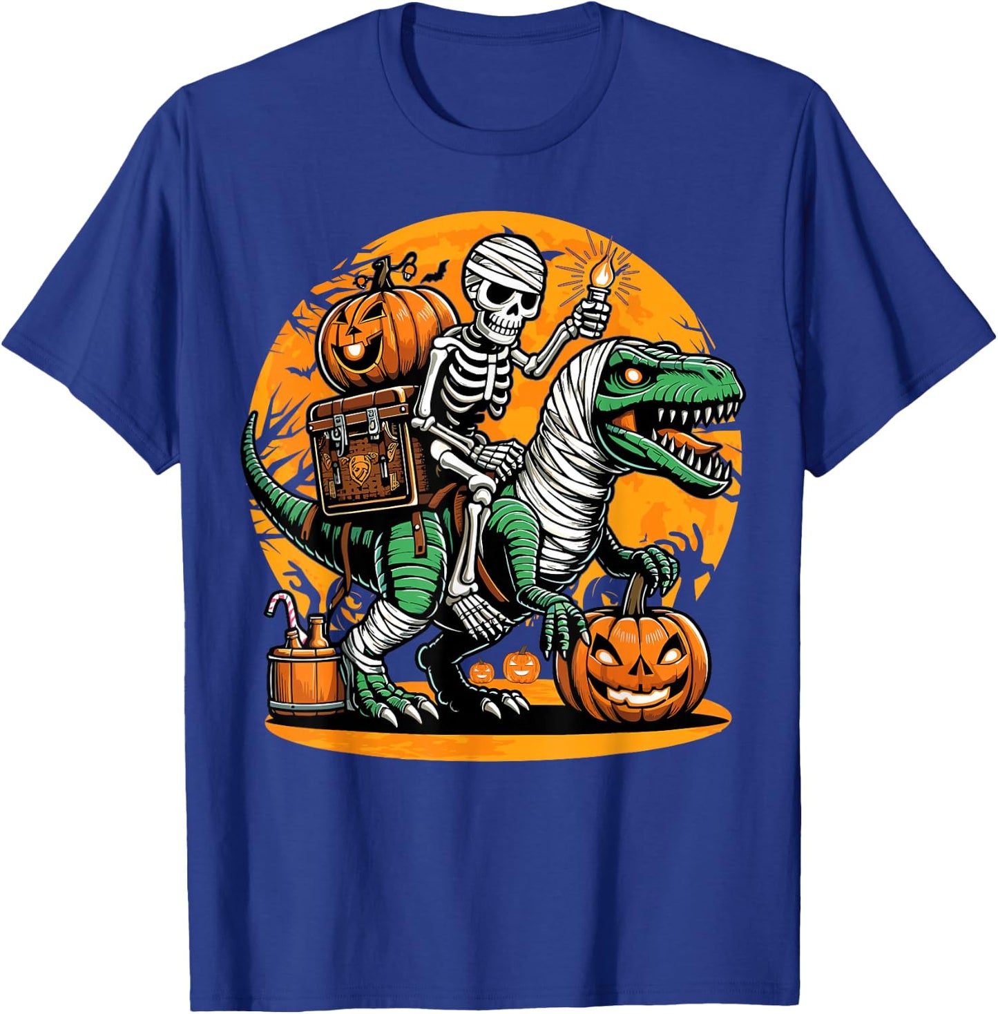Skeleton Riding Mummy Dinosaur Pumpkin Spooky Trex Halloween T-Shirt - T-Shirt | Royal