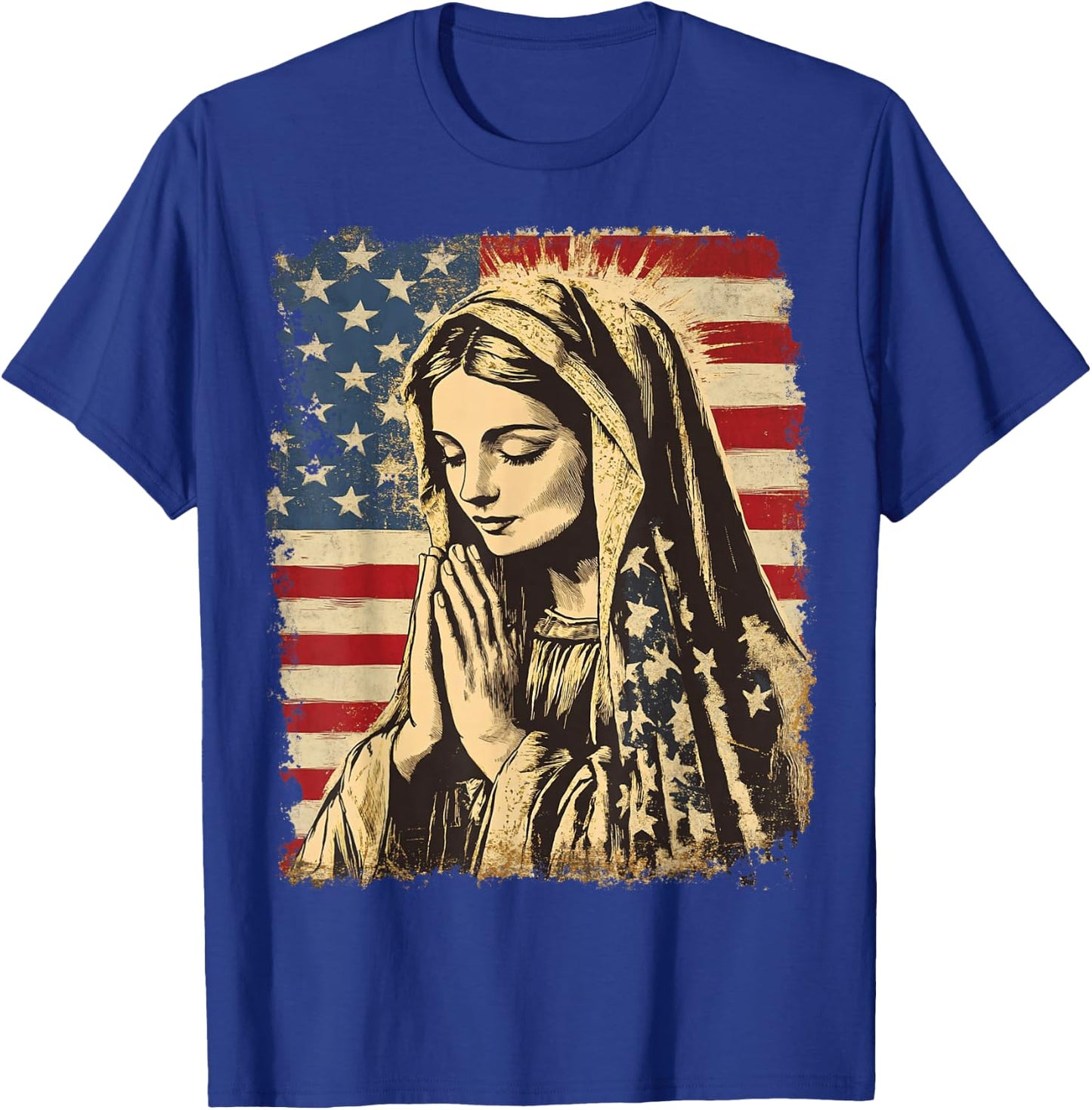 USA American US Flag The Virgin Mary Prayer Theology T-Shirt - T-Shirt | Royal