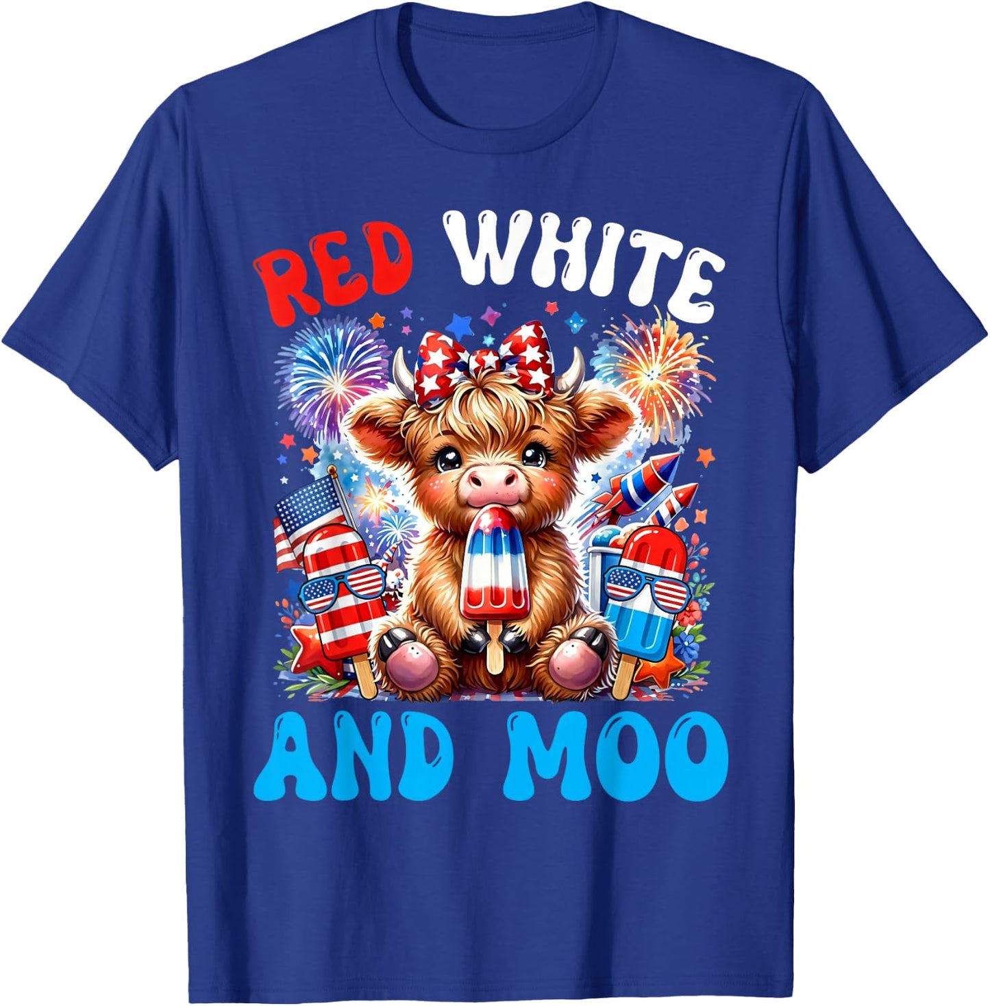 4th of July Highland Cow Popsicle Patriotic Red White & Moo T-Shirt - T-Shirt | Royal