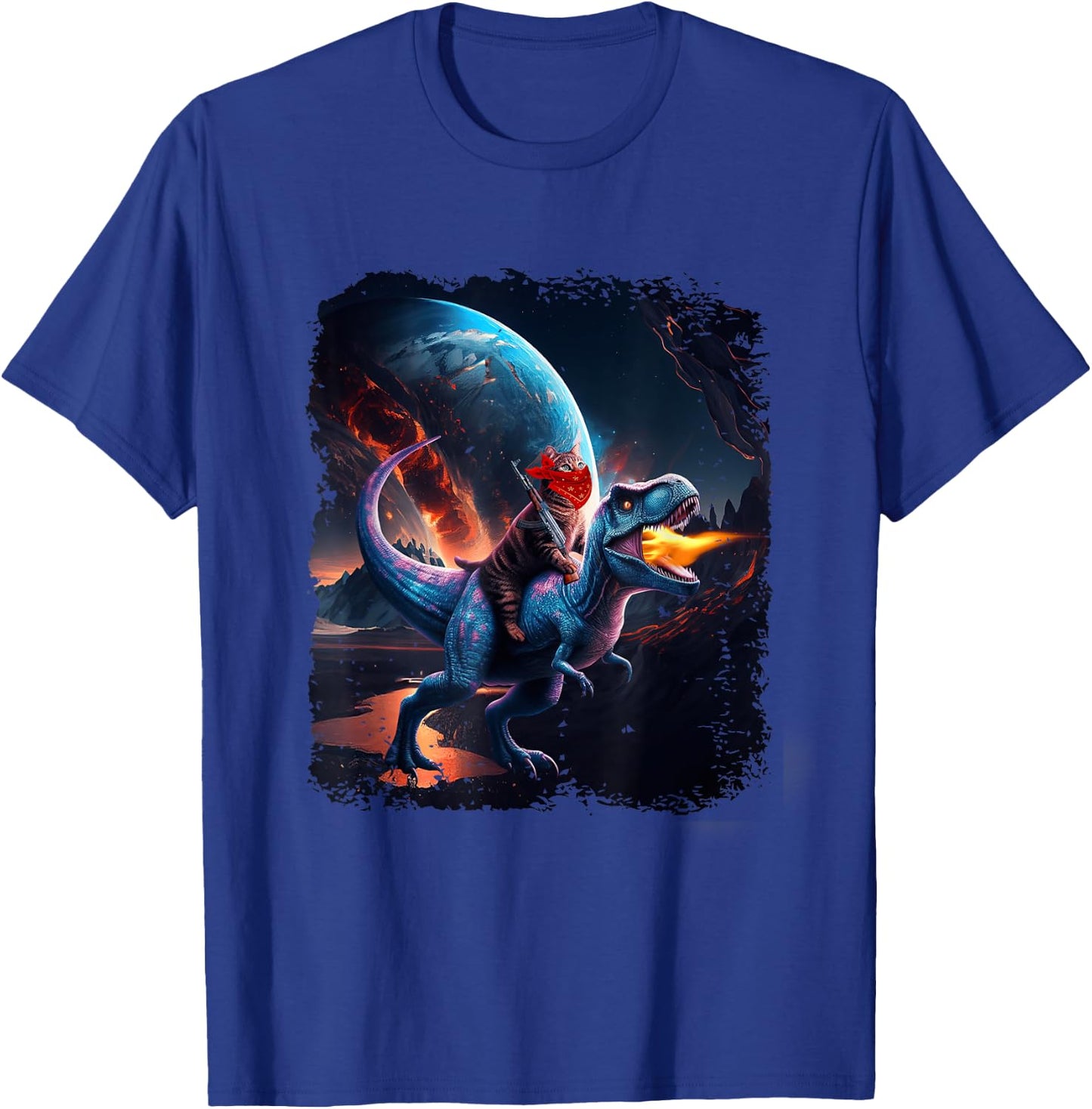 Chat chevauchant un dinosaure T-Rex Image Like Galaxy Cat Sci-Fi T-Shirt - T-Shirt | Royal