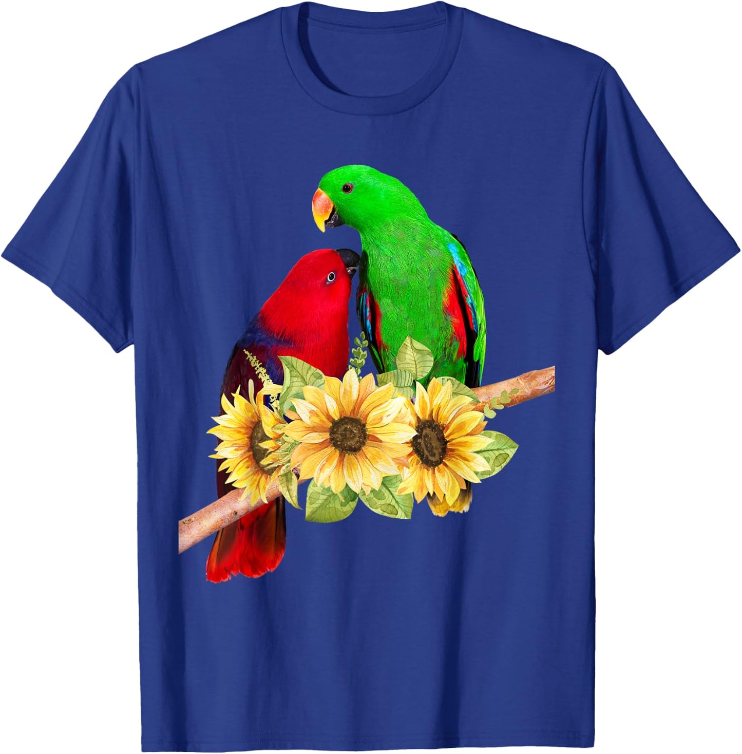 Pair of Eclectus Parrots Male Female behind sunflowers T-Shirt - T-Shirt | Royal