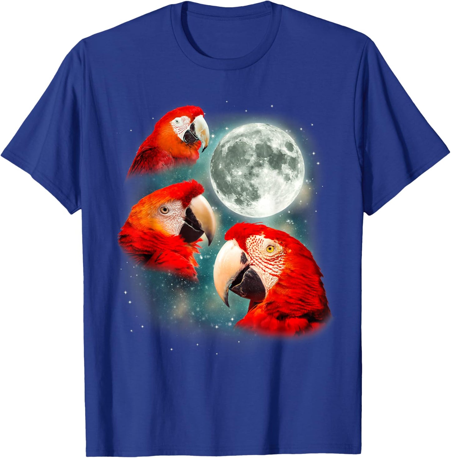 Three Parrot Moon | 3 Tropical Bird Exotic Parakeet Parody T-Shirt - T-Shirt | Royal