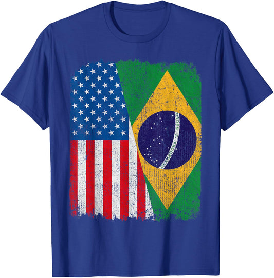 Brazilian American Flag Half USA Brazil Root Proud T-Shirt - T-Shirt | Royal