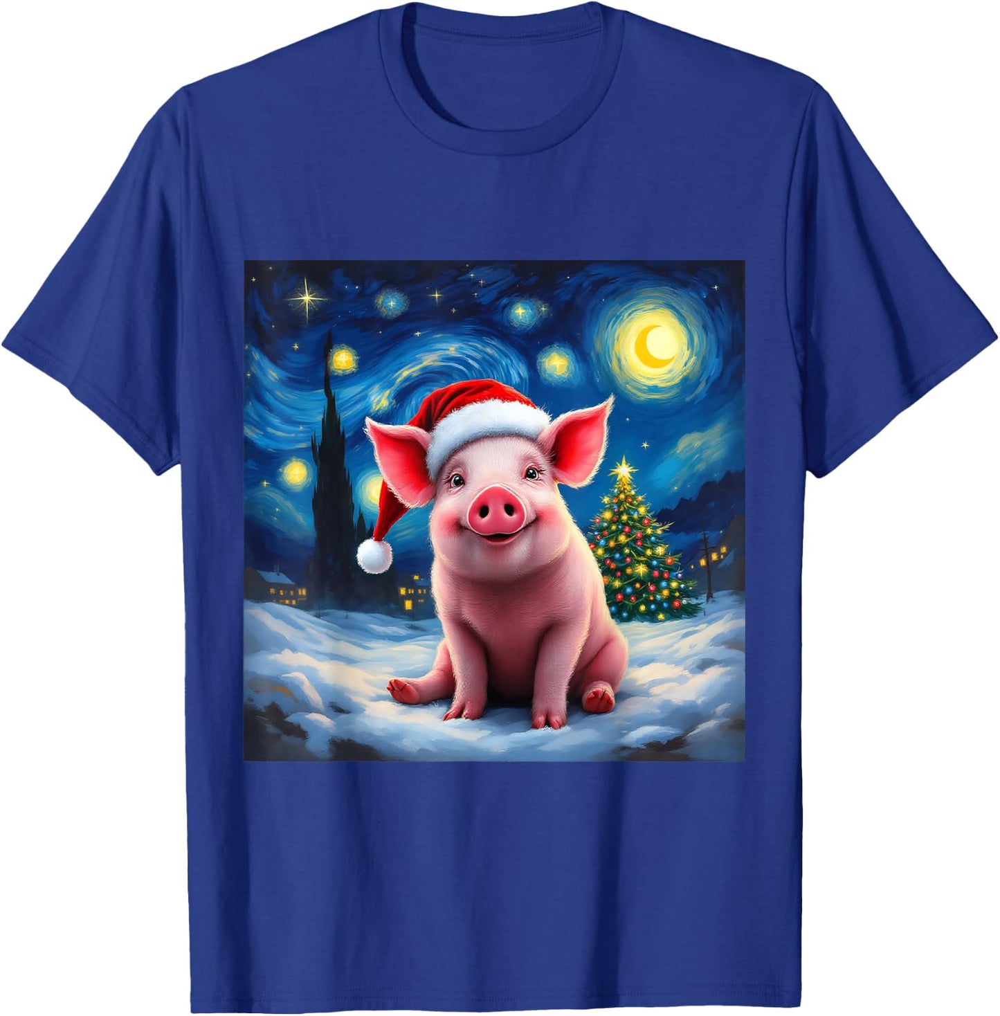 Pig Santa Hat Christmas Van Gogh Starry Night Holiday T-Shirt - T-Shirt | Royal