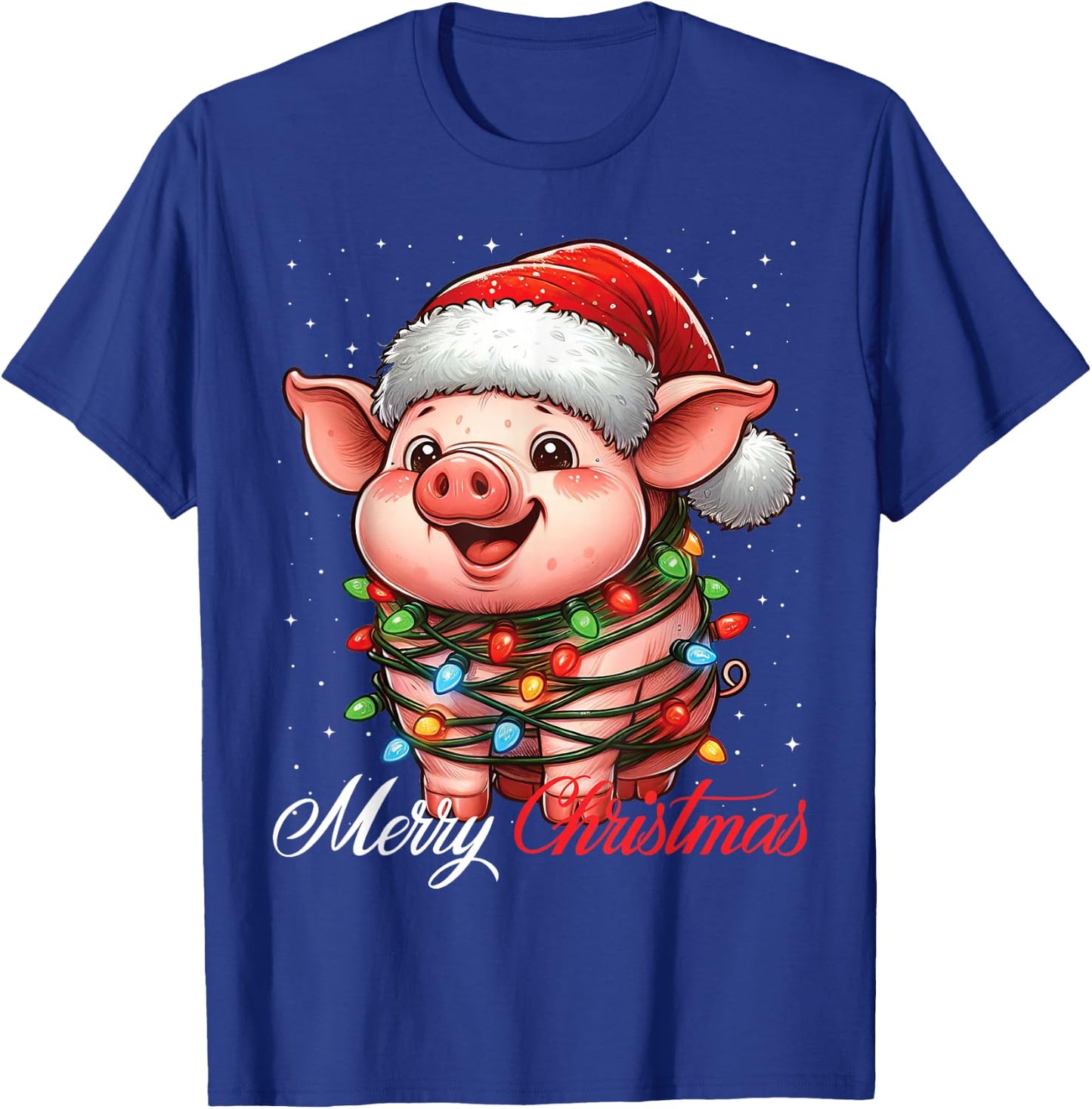 Pig Merry Christmas Lights Santa Hat Xmas Snow T-Shirt - T-Shirt | Royal