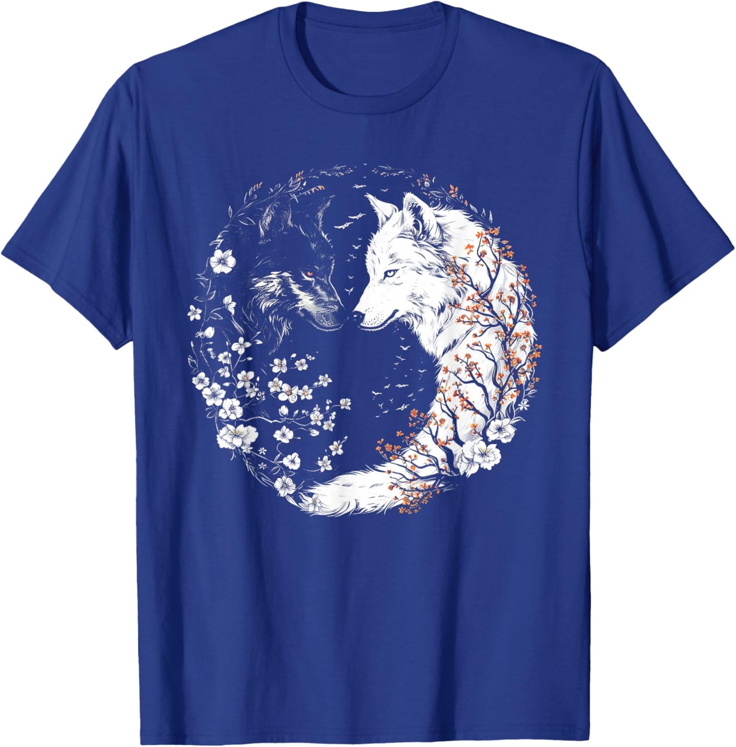 Yin Yang Of White And Black Wolves With Flower Wolf Lover T-Shirt - T-Shirt | Royal