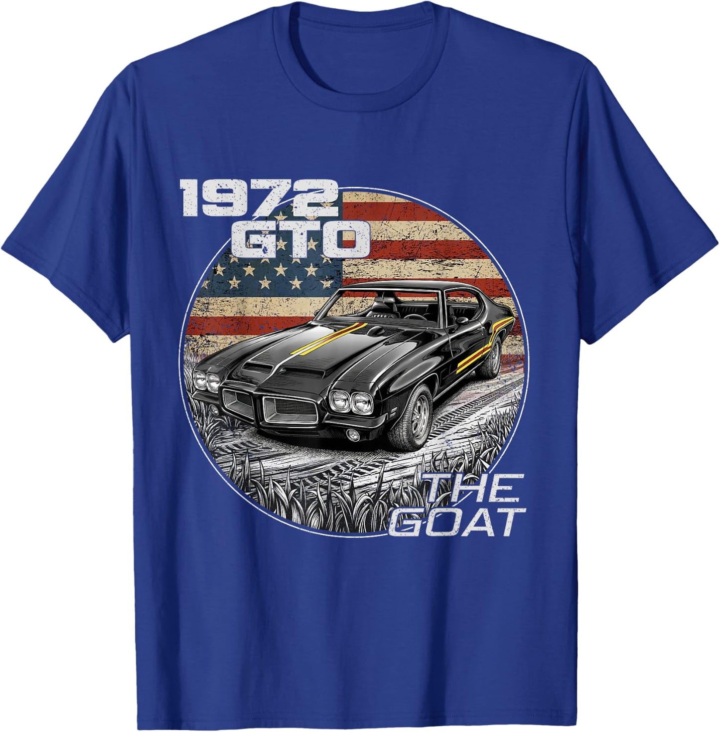72 1972 GTO American Flag Silhouette Muscle Car T-Shirt - T-Shirt | Royal