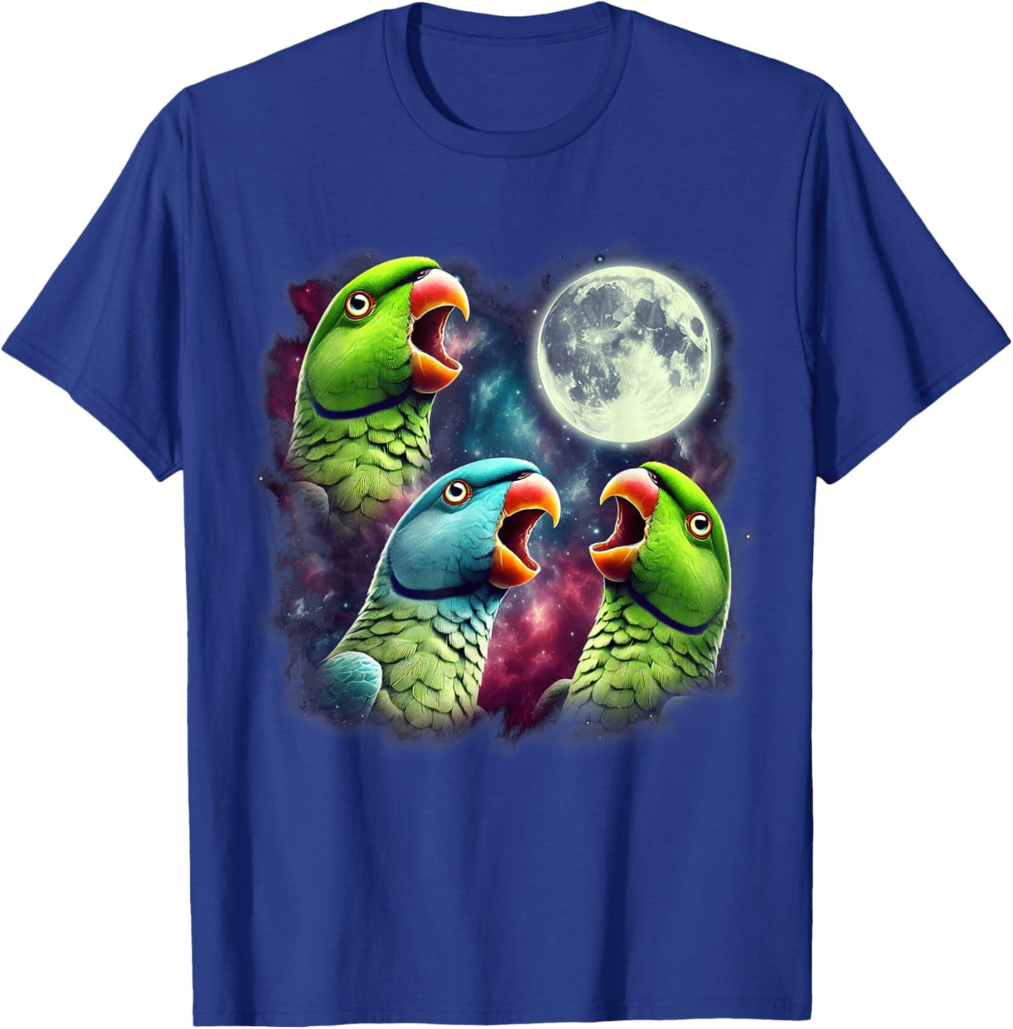 Three Indian Ringneck Parrots Howling at Moon Funny Meme T-Shirt - T-Shirt | Royal