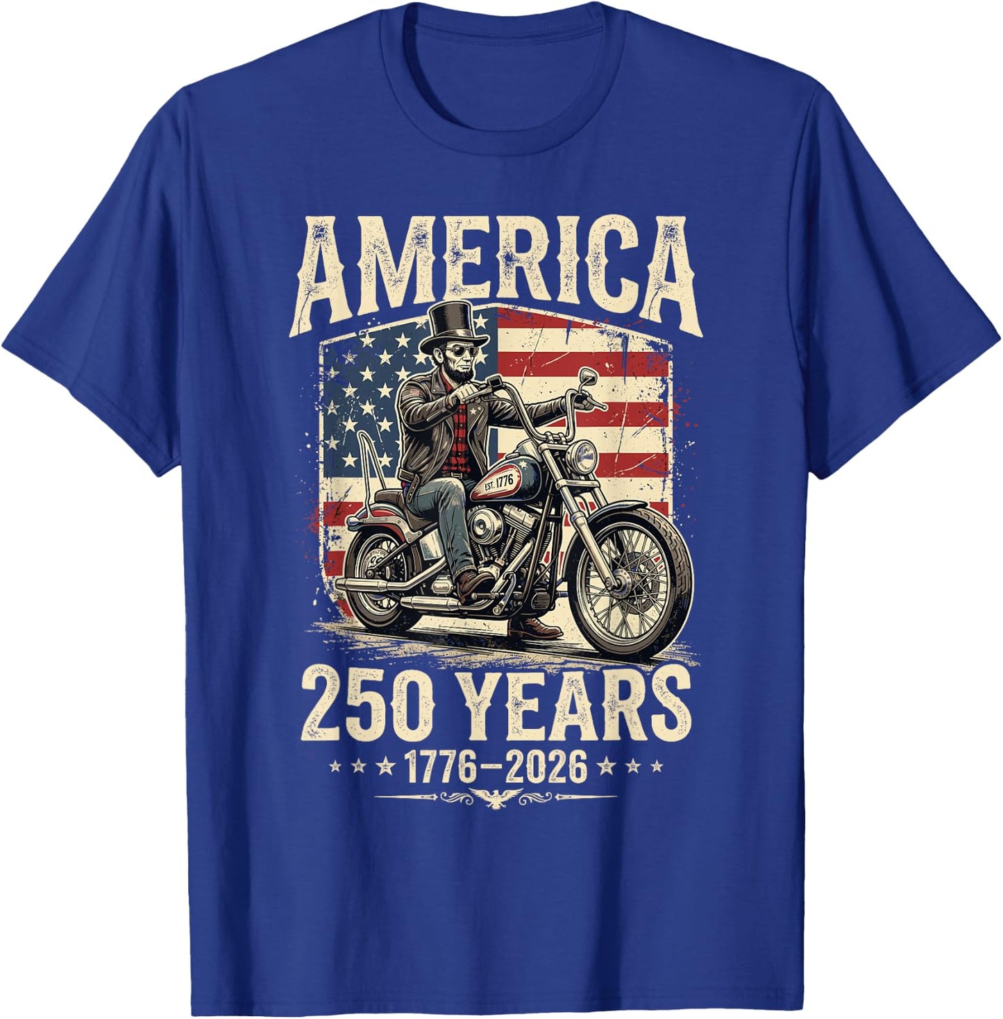 America 250 Years Freedom Abraham Lincoln Riding Motorcycle T-Shirt - T-Shirt | Royal
