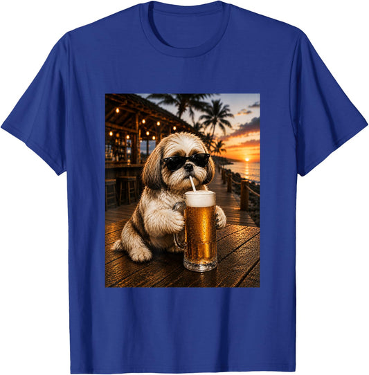 Funny Shih Tzu Drinking Beer Beach Sunset Men Women T-Shirt - T-Shirt | Royal