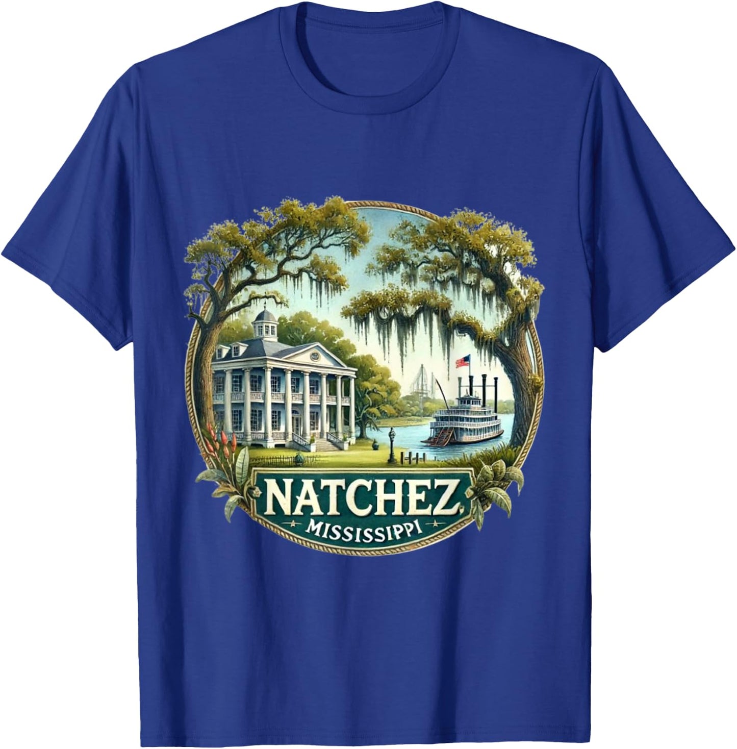 Natchez, MS Mississippi River Boat Plantation T-Shirt - T-Shirt | Royal