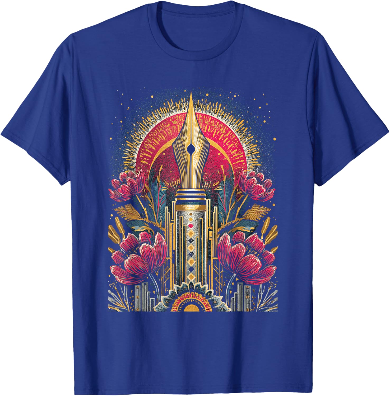 Art Deco Fountain Pen with Floral Ornament Retro Vintage T-Shirt - T-Shirt | Royal