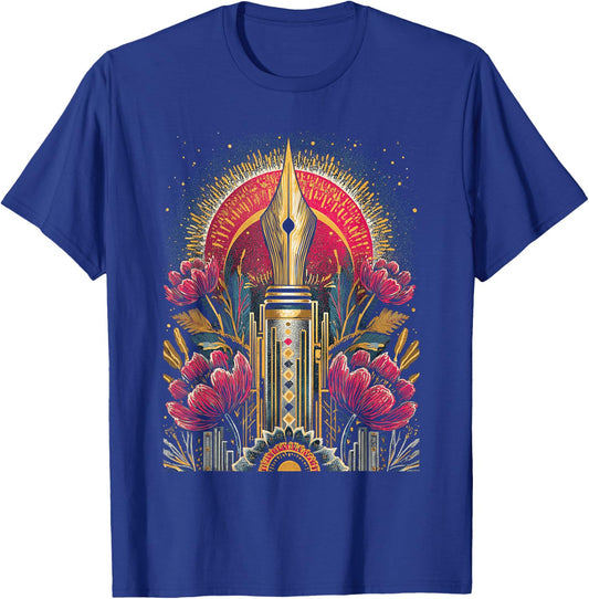 Art Deco Fountain Pen with Floral Ornament Retro Vintage T-Shirt - T-Shirt | Royal