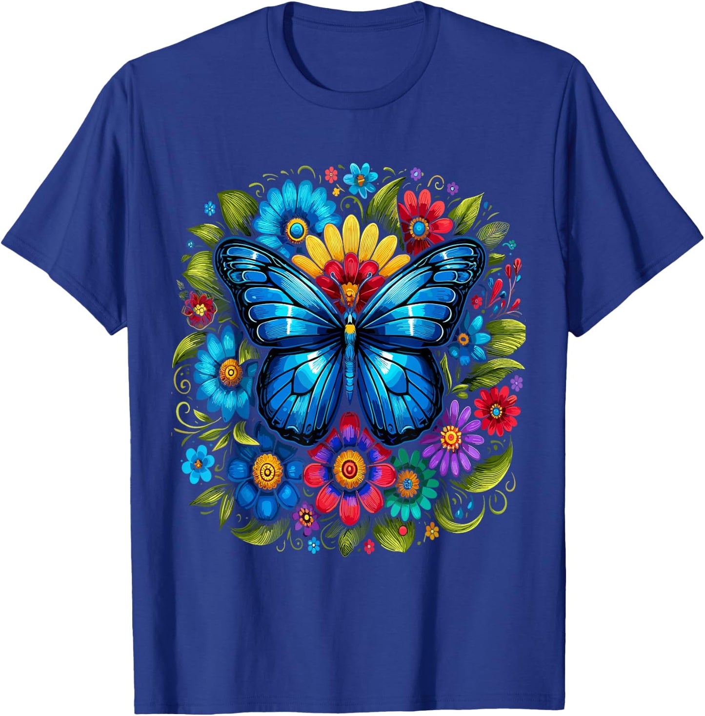 Blue Butterfly With Flowers Garden Beautiful Butterflies T-Shirt - T-Shirt | Royal