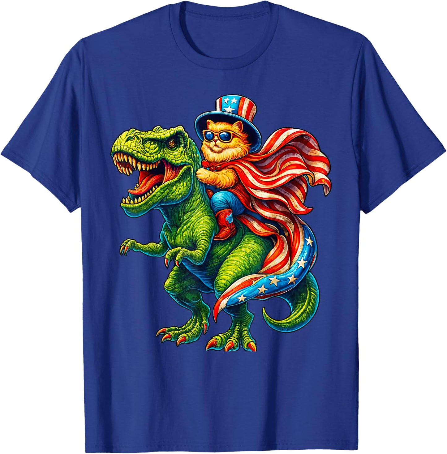 Patriotic Cat Riding T-Rex 4th of July Dinosaur USA Flag T-Shirt - T-Shirt | Royal