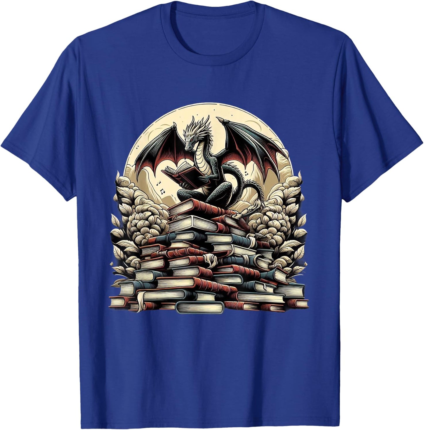Dragon Reading a Book Dragons and Books Lover Bookworm T-Shirt - T-Shirt | Royal