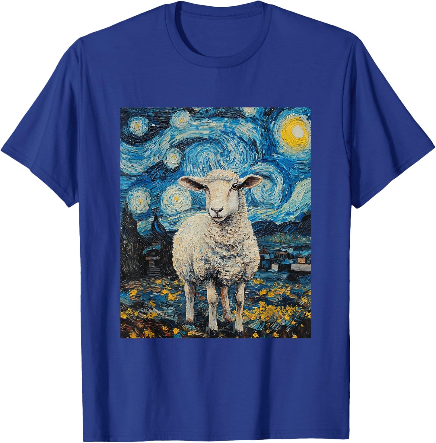 Funny Sheep Van Gogh Style Starry Night Graphic T-Shirt - T-Shirt | Royal